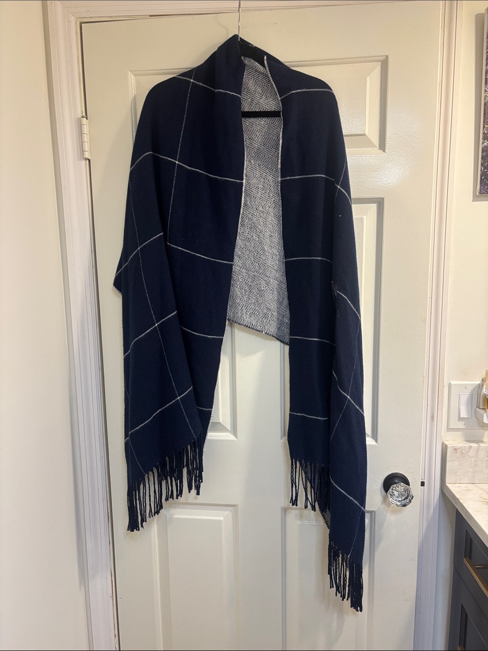 LOFT Navy Windowpane Fringe Wrap